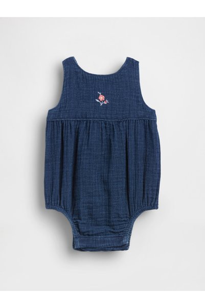 GAP Bebek Koyu Mavi Pamuk Gauze Denim Balon Bodysuit
