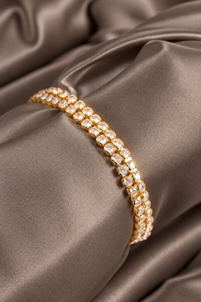 serelya Brass Zircon Stone Double Row Model Gold Color Elevator Women's Bracelet