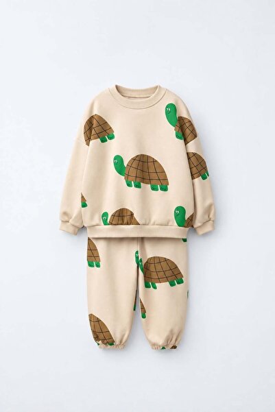 Magu Çocuk Oversize Kaplumbağa Desenli Bej Sweatshirt ve Eşofman Altı Takımı