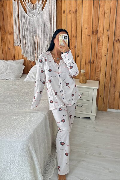 ByGamzeArman White Floral Patterned Pajama Set – Front Buttoned Long Sleeve S...