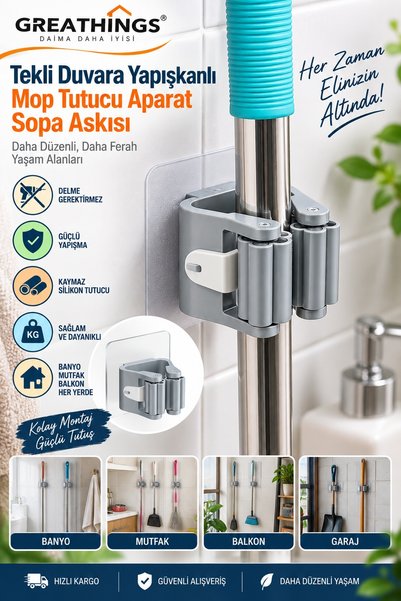 Greathings Tekli Duvara Yapışkanlı Mop Tutucu Sopa Askısı Fırça Süpürge Düzen...