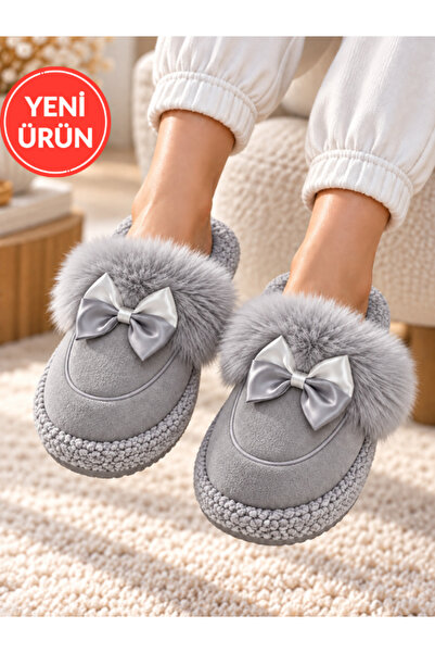 STOCON Luxurious Plush and Ribbon Detailed Warm Home Slippers Suede House Sli...