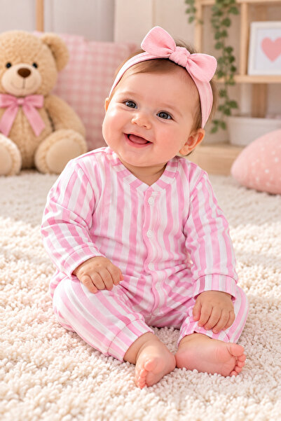 SERPİL SS GİYİM Kız Bebek Pembe Çizgili Uzun Kollu Tulum – Çizgili Bebek Tulu...