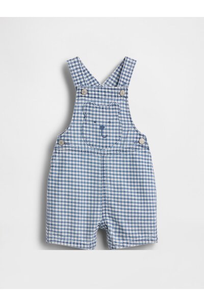 GAP Bebek Açık Mavi Gingham Denim Ayı Cep Şort Tulum