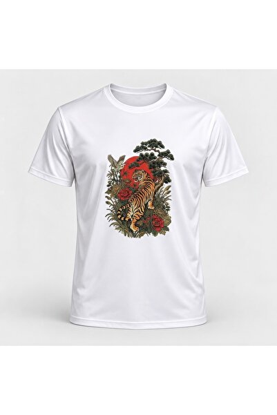 Vepra Unisex Beyaz Japon Kaplan Baskılı Bisiklet Yaka T-Shirt
