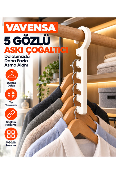 VAVENSA 5 Gözlü Askı Çoğaltıcı Dolap İçi Askı Aparatı Kıyafet Elbise Askı Düz...