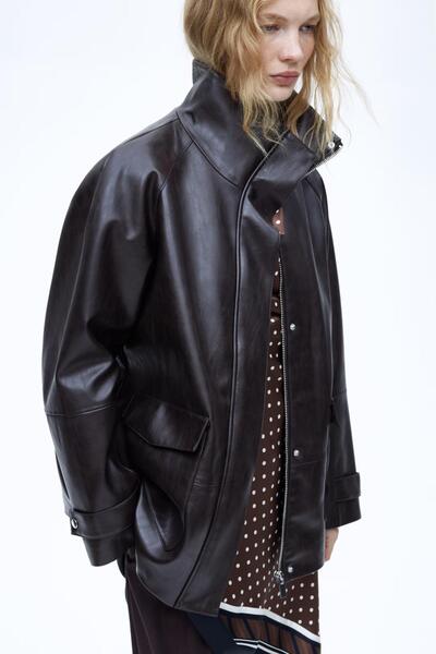 PRİFALDİ Agli̇mmer Women's Long Oversize Zippered Pocketed Light Brown Leathe...