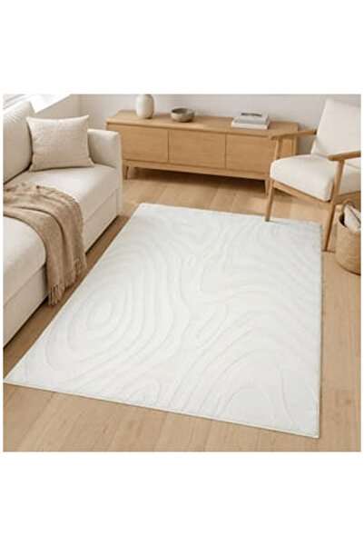 OEM Covor Decorativ Off White din Blana Artificiala cu Linii in Relief 150x100cm