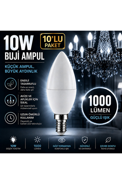repplam 10'lu Paket 10W Buji Led Ampul Beyaz Işık İnce Duylu Ampul Avize Ampu...