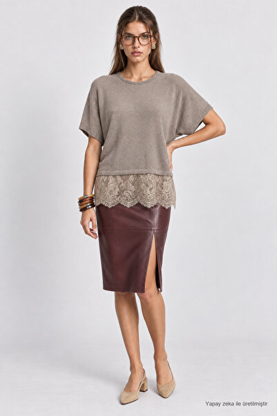 Lovelyİstanbul Dantelli Mevsimlik Oversize Triko Bluz 4421 LKİ0074 TAŞ