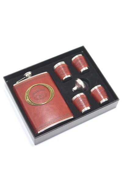 Yenilig 2 pieces flask - leathered 9 oz (266 ml) set, 4 shot glasses, travel flask, hip flask