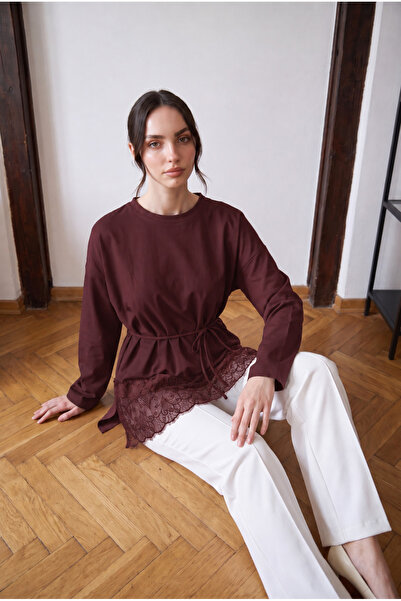unika boutique Women's Lace Detailed Belted Modal Tunic