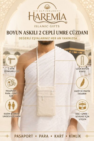 Altınoluk Haremia Boyun Askılı 2 Cepli Umre Cüzdanı Hac Seyahat Çantası