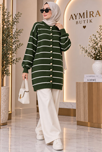 aymiraa Women's Striped Detailed Soft Buttoned Hijab Knitwear Cardigan
