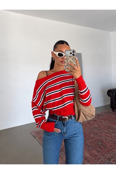 Lintersia Women's Red Boat Neck Striped Knit Sweater
