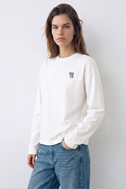 Eazy Co EAZY Unisex Oversize Uzun Kollu Tişört %100 Pamuk Logo Baskılı Ekru B...