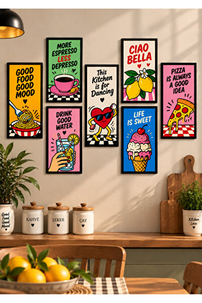 NT Handmade 7 Parça Renkli Pop-Art Mutfak Tablo Seti 10x20 cm Çerçeve Görünüm...