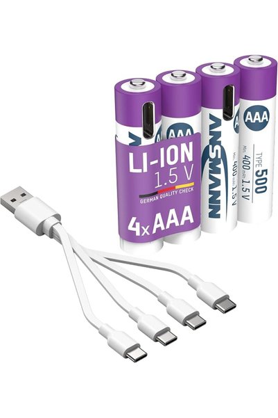 ANSMANN 4 بطاريات ليثيوم أيون صغيرة الحجم مع وصلة USB من النوع C، قابلة لإعاد...