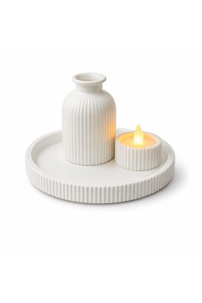 OEM Set decorativ 3 piese, Tavă rotundă, Vază, Design modern cu dungi, Alb