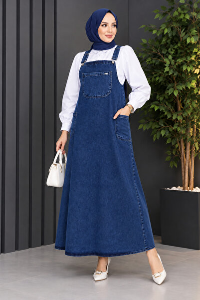 REMA STİL Kadın Tesettür Kot Salopet Elbise Askılı Cepli Uzun Denim Jile Elbise