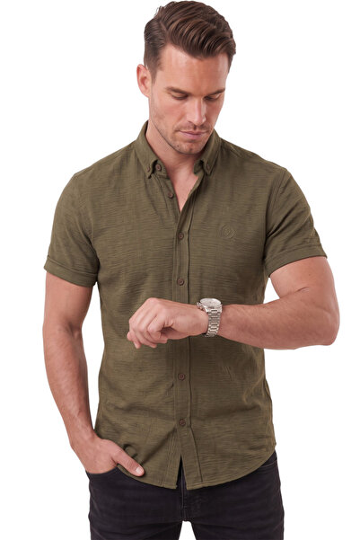 DeepSEA Men's Slim Fit Lycra Jacquard Textured Khaki Short Sleeve Shirt – Fle...