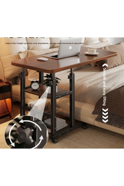 Generic Brand Adjustable Rolling Laptop Table with Wooden Top and Storage Shelf, Height Adjustable Mobile Side Table - 60x40x(60-85) cm