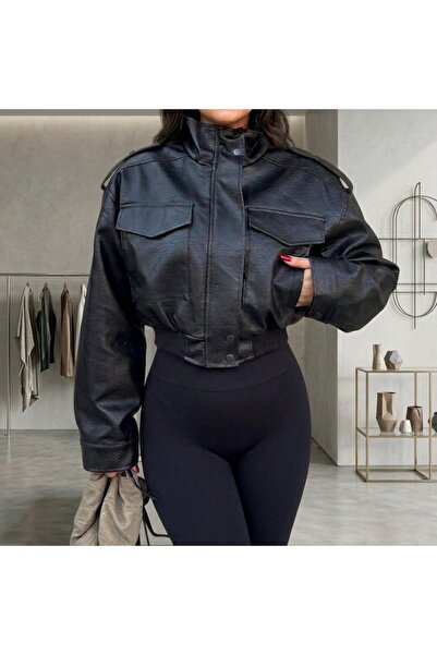PRİFALDİ Agli̇mmer Women's Black Faux Leather Jacket with High Collar Apolete