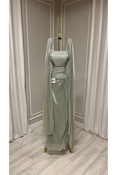 Boutique 219 فستان سهرة شيفون لمعه أنيق بلون أخضر ميرمية بخصر مخصّر بثنيات در...