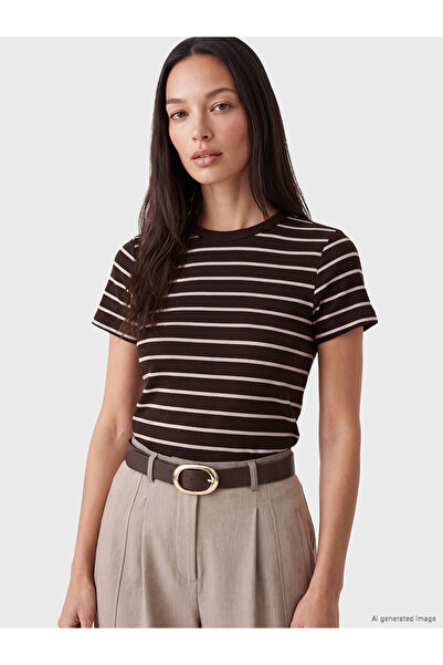 LC Waikiki Two Mt Shop Quality Brown Camisole Striped Tight & Slim Short Slee...