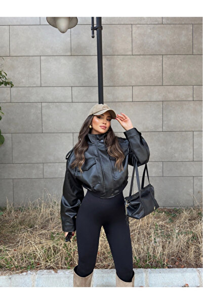 PRİFALDİ Agli̇mmer Women's Black Faux Leather Jacket with High Collar Apolete