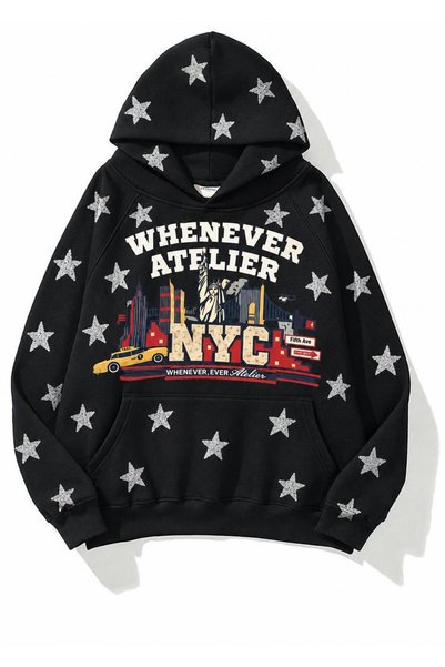 nathia outdoors Women's Oversize Navy Blue Star Patterned Nyc Printed Hooded Sweatshirt with Kangaroo Pocket