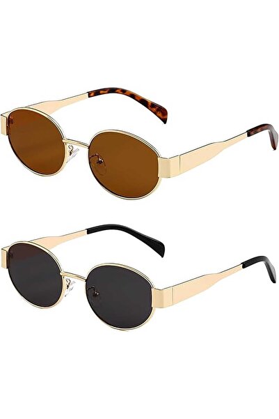 Arabest 2 Pcs Retro Oval Sunglasses,90s Trendy Gold Metal Frame UV400 Shades ...