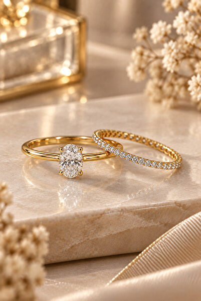Crystal Diamond Zirconia Işıklı kutuda 0.75 karat oval kesim ve tamtur yüzük ...
