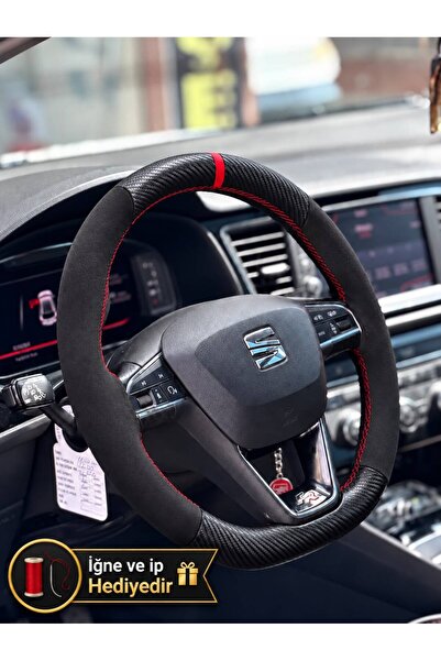HasAkman Seat Arona Dikme Direksiyon Kılıfı Alcantara Süet Mat Karbon Kırmızı...
