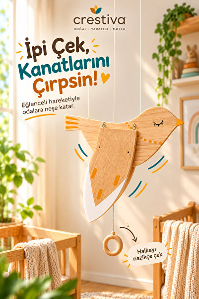 crestiva Kanat Çırpan Ahşap Serçe - Ahşap Tavan Süsü ve Odas Dekoru