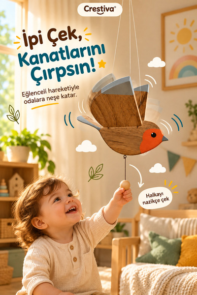 Kanat Çırpan Ahşap Kızılgerdan - Ahşap Tavan Süsü ve Odası Dekoru