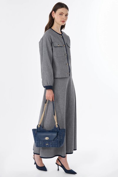 Kayra Gold Buttoned Skirt Suit Indigo
