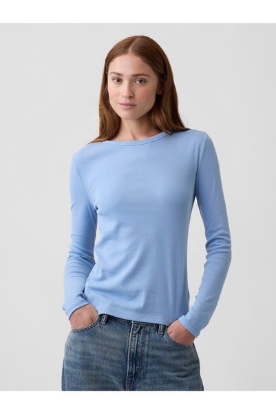 GAP Kadın Açık Mavi Modern Fitilli Bisiklet Yaka T-Shirt