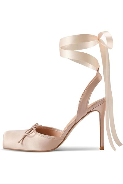 GENERAL Vertundy Women's Satin Ballet Heels Lace Up Square Toe Stiletto High ...