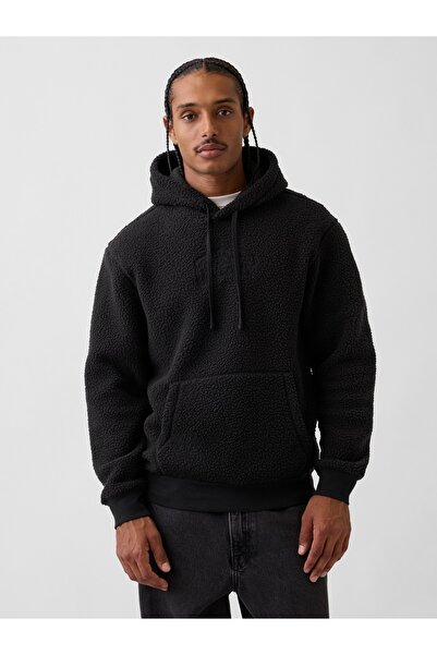 GAP Erkek Siyah Relaxed Sherpa Logo Sweatshirt