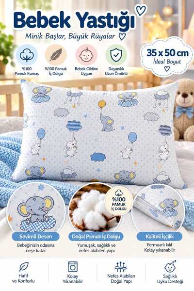 Bebek Yastığı 35x50 cm %100 Pamuk Kumaş ve Dolgu Fil & Tavşan Desenli Fermuarlı Kılıflı
