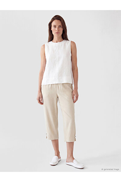 LC Waikiki Alita City Lcw Grace Beige Linen Blend Straight Loose & Baggy Wome...