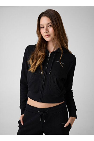 Guess Jeans Siyah Kadın Kapüşonlu Petek Sweatshirt W6YQ13K4206-JBLK