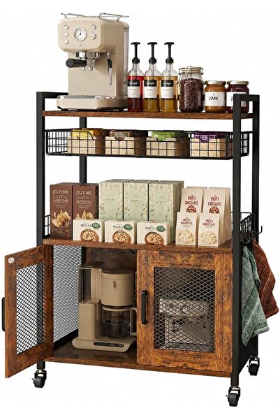 Solerconm Coffee Bar Cabinet,3 Tier Coffee Station Table on Wheels with Wire ...