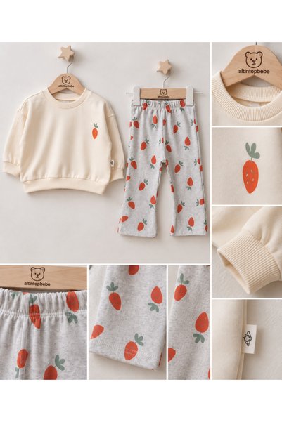 altıntop bebe Baby Girl 100% Cotton Carrot Patterned Ecru Sweatshirt Pants 2-Piece Set