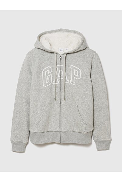 GAP Kadın Gri Relaxed Logo Sherpa-Astarlı Fermuarlı Sweatshirt