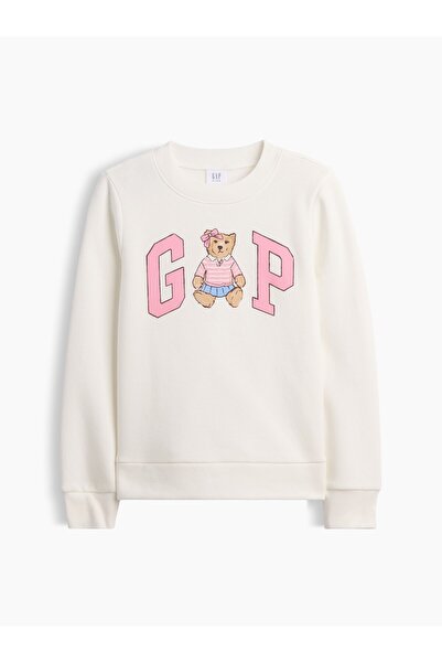 GAP Kız Çocuk Beyaz Bisiklet Yaka Grafik Baskılı Sweatshirt