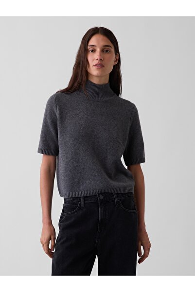 GAP Kadın Gri CashSoft Mockneck Elbow-Sleeve Kazak