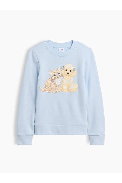 GAP Kız Çocuk Açık Mavi Bisiklet Yaka Grafik Baskılı Sweatshirt