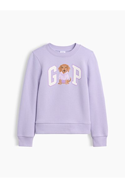 GAP Kız Çocuk Lila Bisiklet Yaka Grafik Baskılı Sweatshirt